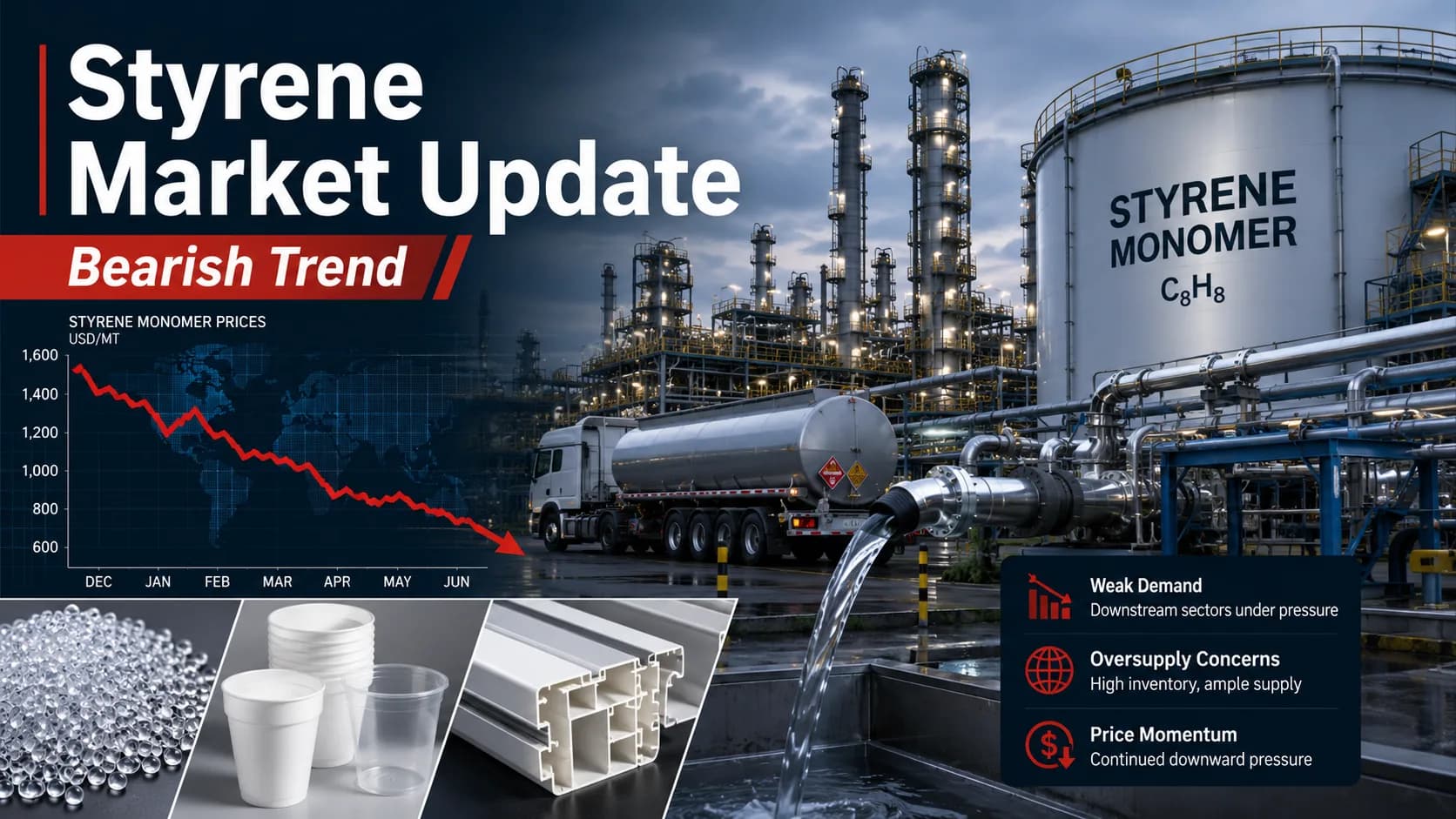 Market looks weak. Price pressure is coming from lower China futures/spot, weaker benzene/crude sentiment, and improved supply.